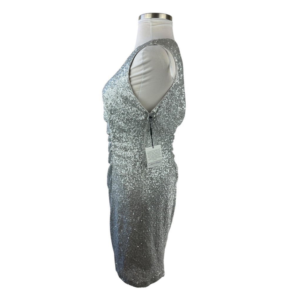 NWT Calvin Klein Sequin Ruched Sheath Shift Dress Silver Pleated Bodycon Size 14 - Picture 9 of 16